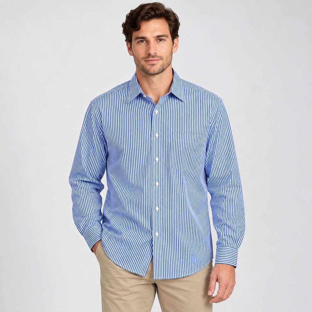 Lauren Ralph Lauren Mens Blue White Striped Non Iron Dress Shirt 17.5 36/37